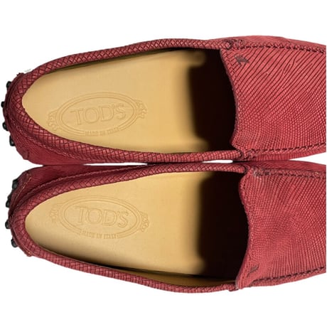 箱、専用袋付き MADE IN ITALY製 TOD'S 型押しレザードライビングシューズ レッド 9/28cmサイズ