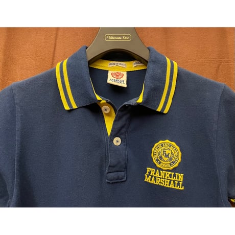 MADE IN ITALY製 FRANKLIN MARSHALL VARSITY 襟ライン半袖鹿の子ポロシャツ ネイビー×イエロー XSサイズ