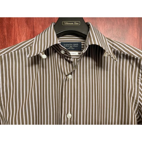 ▲訳あり商品▲ MADE IN JAPAN製 KAMAKURA SHIRTS イタリア生地長袖ストライプタブカラーシャツ ブラウン×パープル