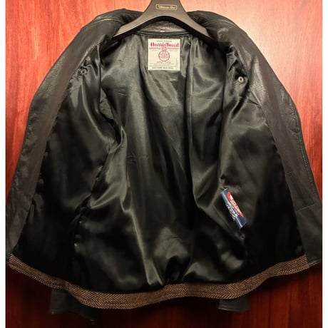 激レア MADE IN UK製 90s Harris Tweed 本革 レザーコンビ ダブルライダースジャケット ブラウン×ブラック Mサイズ