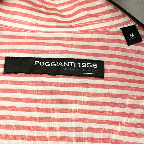 ▲訳あり商品▲ 【BARNEYS NEWYORK 取り扱い】 MADE IN ITALY製 POGGIANTI 1958 長袖ボーダー柄コットンリネンシャツ レッド×ホワイト Mサイズ