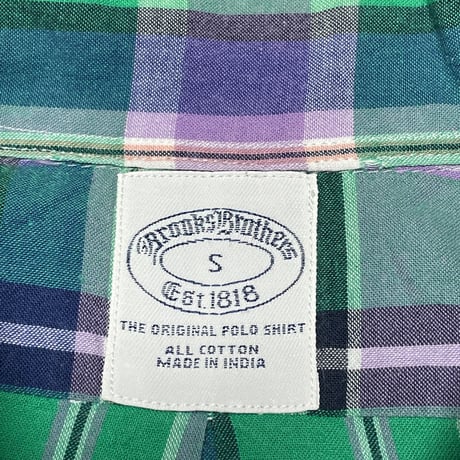 BROOKS BROTHERS チェック柄半袖ボタンダウンシャツ グリーン×パープル Ｓサイズ