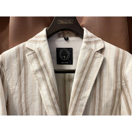 MADE IN ITALY製 T-JACKET ストライプ柄コットンリネンテーラードジャケット ホワイト×ブラウン Mサイズ