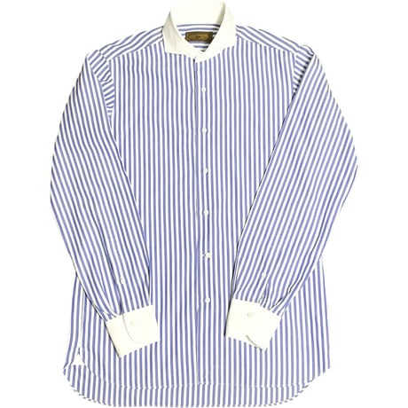 MADE IN JAPAN製 Maker's Shirt KAMAKURA 200番手 クレリック長袖ストライプシャツ ブルー 39-87サイズ