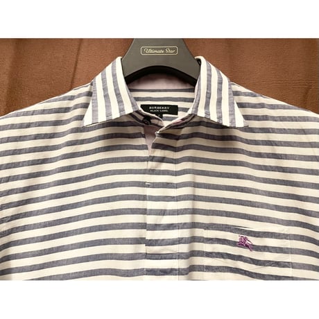 BURBERRY BLACK LABEL 半袖ボーダー柄プルオーバーシャツ ネイビー×ホワイト 2サイズ