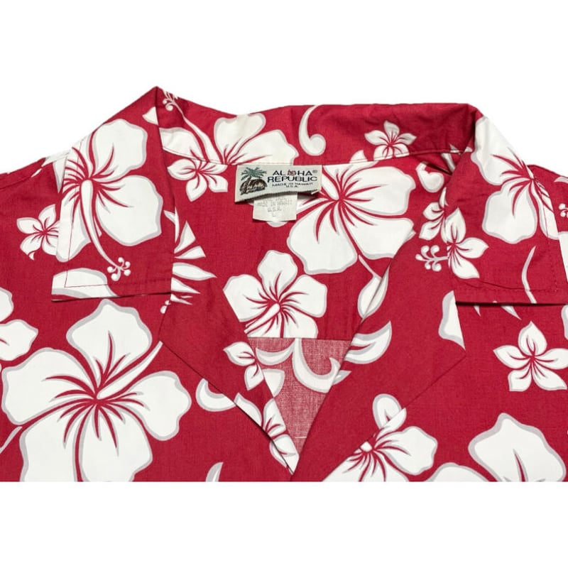 Made in Hawaii製 ALOHA REPUBLIC 花柄アロハシャツ レッド Lサイ