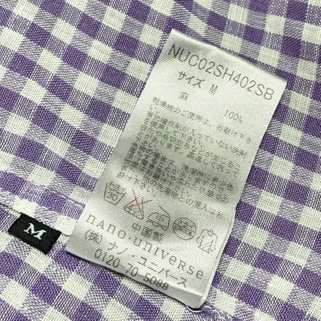 nano universe 長袖ギンガムチェック柄リネンシャツ パープル Mサイズ