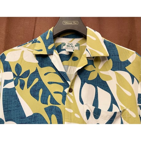 MADE IN HAWAII製 TWO PALMS 半袖ボタニカル柄アロハシャツ ホワイト Sサイズ
