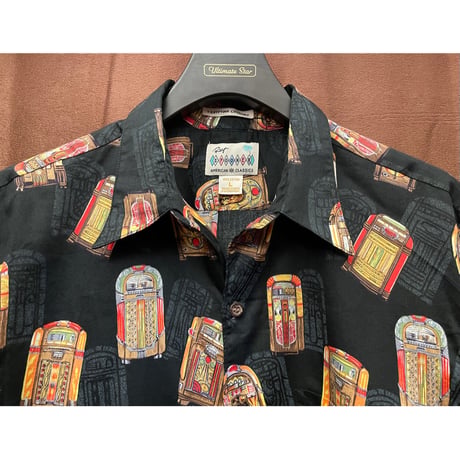 MADE IN HAWAII製 Reyn Spooner AMERICAN CLASSICS 高級エジプトコットン使用 ジュークボックス柄アロハシャツ ブラック Lサイズ