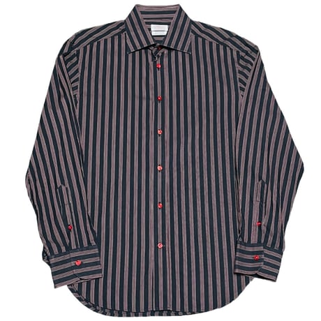 MADE IN ITALY製 Pasqui PER JUN MEN 長袖ストライプシャツ ブラック×ワイン 41-16サイズ