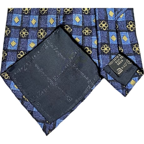 MADE IN ITALY製 Ermenegildo Zegna 小紋柄ブロックチェックシルクネクタイ ネイビー