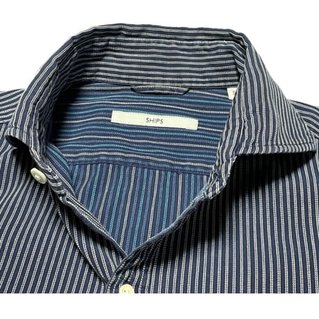MADE IN JAPAN製 SHIPS 長袖ストライプ柄シャツ ネイビー Sサイズ