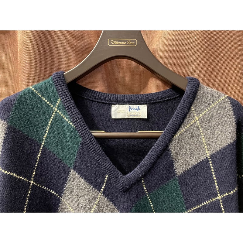 希少 70's 英国製 Pringle アーガイル Vネック カシミヤ セーター 希少 70's 英国製 Pringle アーガイル Vネック カシミヤ セーター