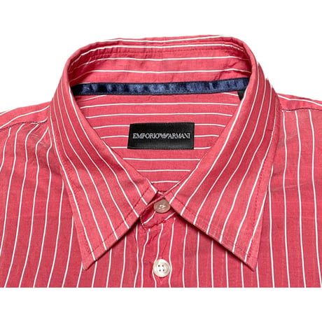 EMPORIO ARMANI コットンシルク長袖ストライプシャツ レッド Ｌサイズ