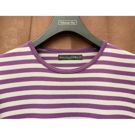 MADE IN JAPAN製 International Galleary BEAMS クルーネックボーダー柄長袖Tシャツ パープル×ライトグレー Lサイズ