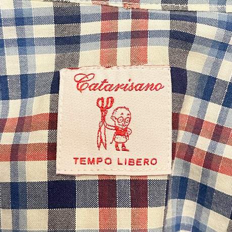 MADE IN ITALY製 CATARISANO ギンガムチェック柄長袖コットンリネンシャツ トリコロール Mサイズ