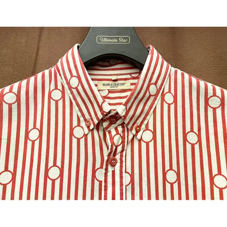 MADE IN PORTUGAL製 LEVI'S MADE & CRAFTED 半袖ストライプドット柄ボタンダウンシャツ レッド×ホワイト 1サイズ
