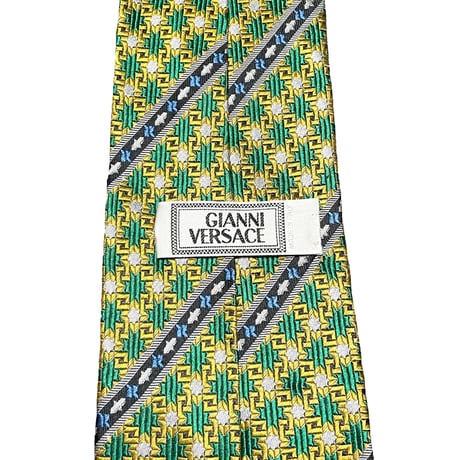 MADE IN ITALY製 GIANNI VERSACE ジャガード織りシルクネクタイ イエロ―×グリーン