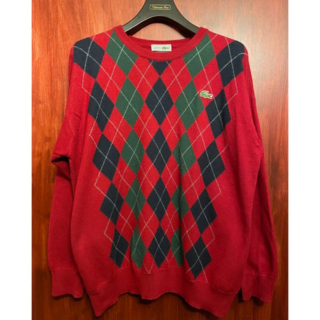 レア品 MADE IN ITALY製 70～80s CHEMISE LACOSTE アーガイル柄 ウールコットンクルーネックセーター レッド Lサイズ