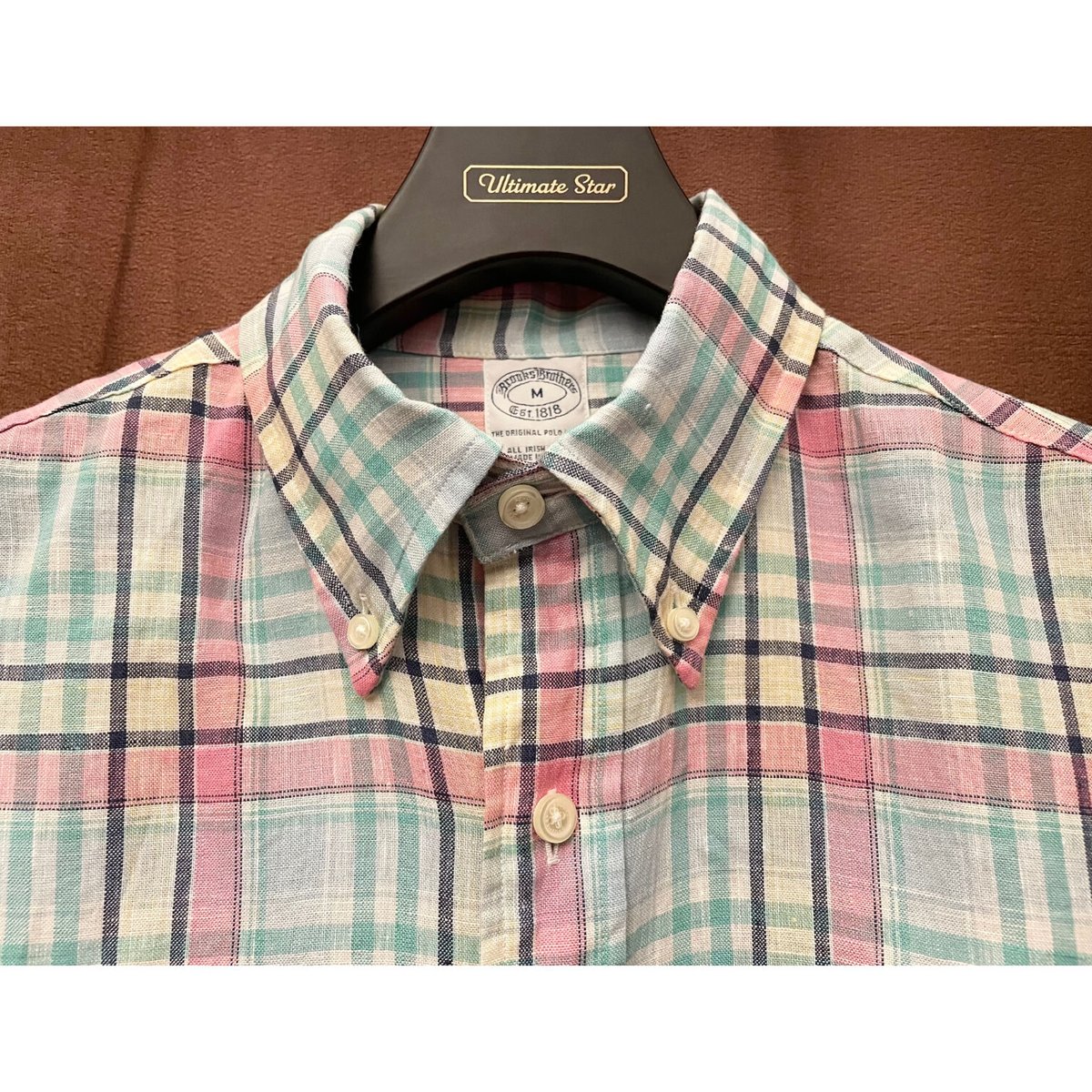BROOKS BROTHERS irish linen 長袖チェック柄ボダンダウンシャツ マル