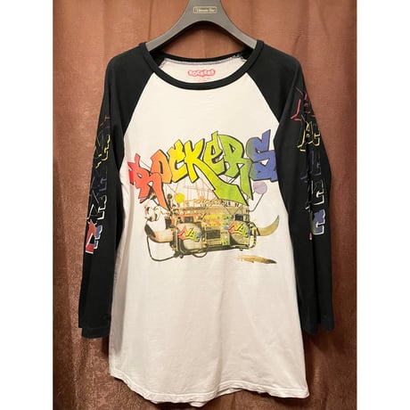 MADE IN USA製 ROCKERS NYC プリント長袖ラグランTシャツ ホワイト×ブラック Mサイズ