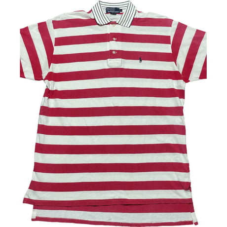 MADE IN USA製 Polo by Ralph Lauren ボーダー柄半袖鹿の子ポロシャツ レッド×ホワイト Lサイズ