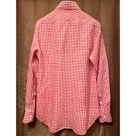 MADE IN ITALY製 ORIAN Slim Fit 長袖ギンガムチェック柄ボタンダウンリネンシャツ レッド Mサイズ