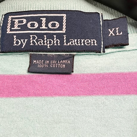 Polo by Ralph Lauren ボーダー柄 半袖ニットポロシャツ エメラルドグリーン×パープル XLサイズ