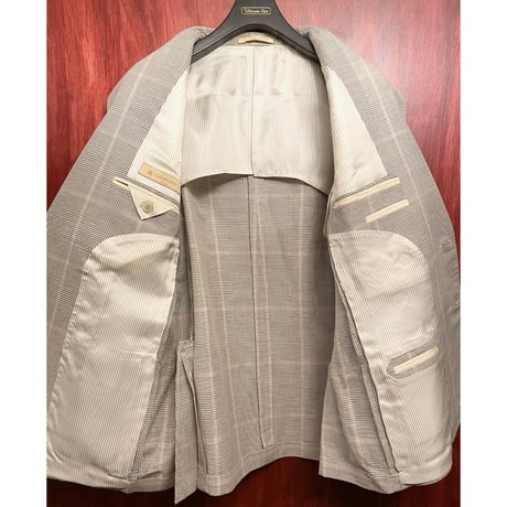 MADE IN ITALY製 CORNELIANI 千鳥格子チェック柄リネンコットンテーラードジャケット ベージュ×ピンク 52サイズ