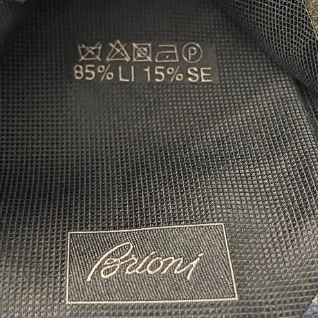 MADE IN ITALY製 Brioni HANDMADE レジメンタルストライプ柄リネンシルクネクタイ オリーブ×ネイビー