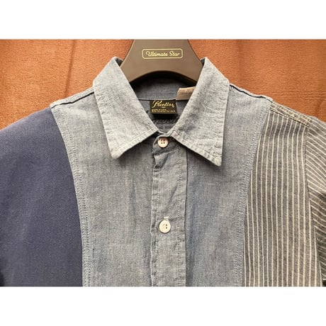希少 MADE IN USA製 80's Prentiss 異素材切り替え長袖ダンガリーシャツ ライトインディゴ×ネイビー Mサイズ