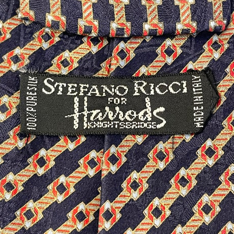 MADE IN ITALY製 STEFANO RICCI FOR Harrods レジメンタルストライプ総柄シルクネクタイ ネイビー