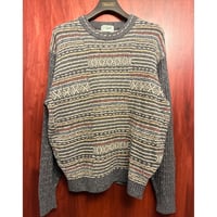 MADE IN JAPAN製 Crocodile ボーダー柄 3Dニット クルーネックコットンアクリルセーター グレー×マルチカラー Lサイズ