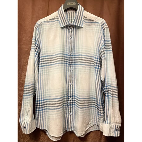 MADE IN JAPAN製 gee gellan Austria製コットンリネン生地長袖チェックシャツ ホワイト×マルチカラー 50サイズ