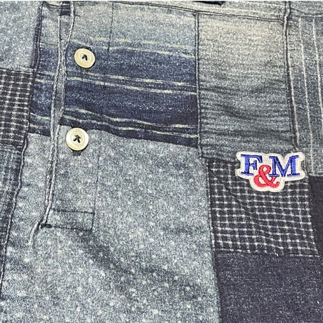 MADE IN ITALY製 FRANKLIN MARSHALL ALUMNI パッチワークプリント加工 半袖ニットポロシャツ インディゴ XSサイズ