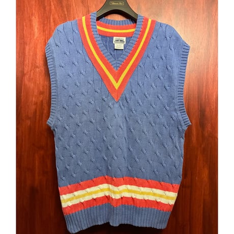 MADE IN HONG KONG製 80s davison's of BERMUDA Vネック ケーブルニット コットンベスト パープル XLサイズ