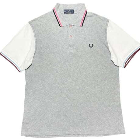 ▲訳あり商品▲ MADE IN ENGLAND製 FRED PERRY 襟ラインツートーンカラー半袖鹿の子ポロシャツ グレー×ホワイト 42/XLサイズ