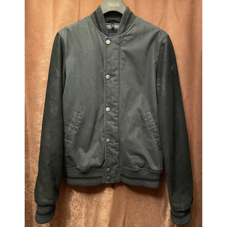 タグ付き ARMANI JEANS ラムレザーコンビスタジアムジャケット チャコールグレー×ブラック 46サイズ