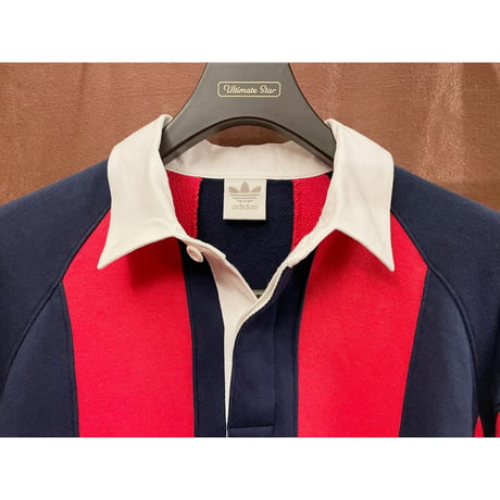 レア MADE IN JAPAN製 80~90s デサント製 adidas 長袖スウェットラガーシャツ レッド×ネイビー L-Oサイズ