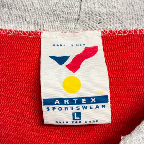 レア MADE IN USA製 90s ARTEX SPORTSWEAR × NBA CHICAGO BULLS フード付き長袖切り替えTシャツ レッド×杢グレー Lサイズ