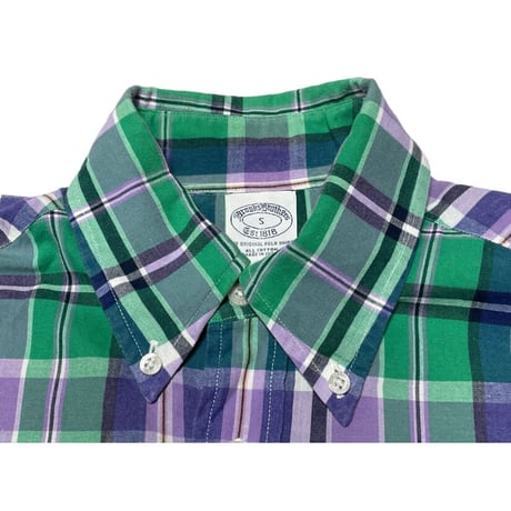 BROOKS BROTHERS チェック柄半袖ボタンダウンシャツ グリーン×パープル Ｓサイズ