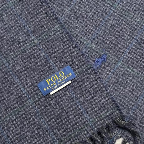 MADE IN ITALY製 POLO RALPH LAUREN チェック柄リバーシブルウールマフラー ネイビー