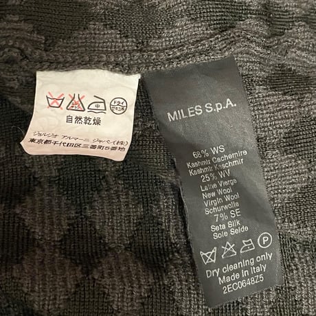 レア品 MADE IN ITALY製 90s GIORGIO ARMANI CLASSICO ダイヤ柄カシミヤウールシルククルーネックセーター チャコールグレー×ブラック 54サイズ
