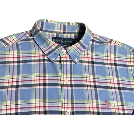▲訳あり商品▲ Ralph Lauren 長袖ボタンダウンチェックシャツ スカイブルー×マルチカラー Lサイズ