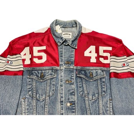 Awesome Boy × ichiryu made REMAKE NFL DENIM JACKET ライトインディゴ×レッド M-Lサイズ