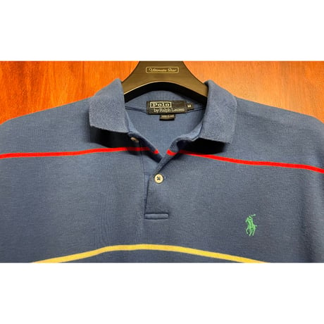 レア MADE IN USA製 Polo by Ralph Lauren ボーダー柄 半袖ニットポロシャツ ブルー Mサイズ