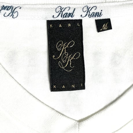 Karl Kani Vネック長袖ボーダーTシャツ ホワイト×ネイビー Mサイズ