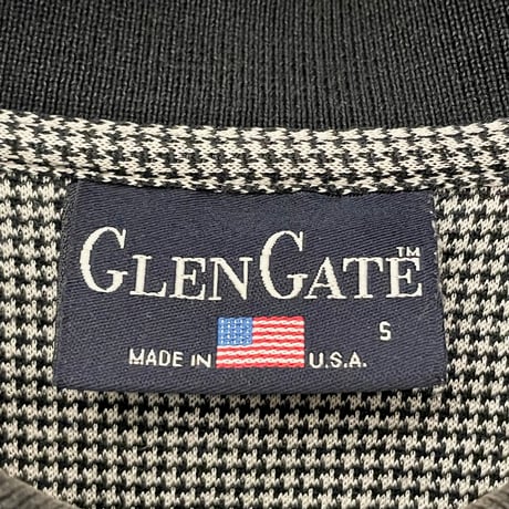 MADE IN USA製 GLEN GATE 襟ライン千鳥格子柄ポロシャツ ダークグリーン×ホワイト Sサイズ