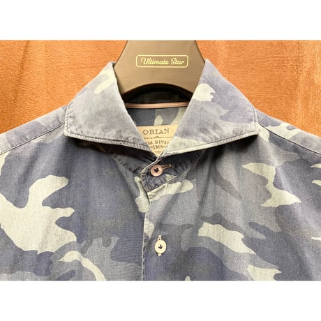 MADE IN ITALY製 ORIAN DENIM DIVISION Slim Fit 長袖デニムカモフラシャツ ブルー×ライトブルー Sサイズ