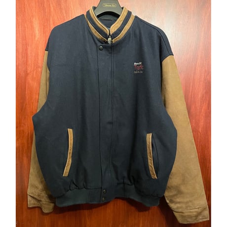 MADE IN CANADA製 90s NORTH END 袖レザースタジアムジャケット ネイビー×ブラウン XLサイズ